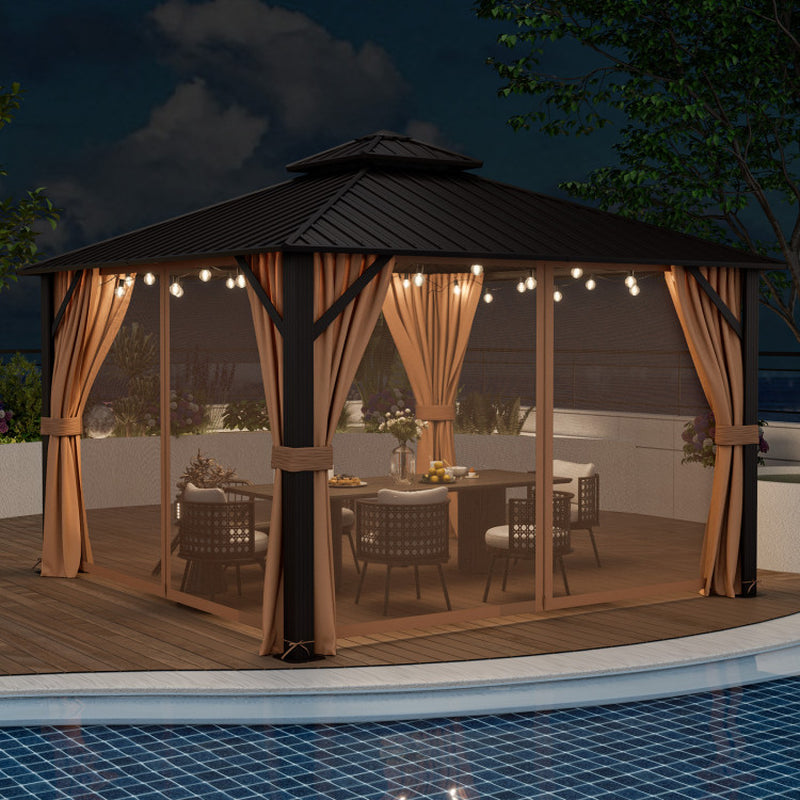 12 X 12 Feet Double-Roof Patio Hardtop Gazebo with Galvanized Steel Roof Netting and Curtains