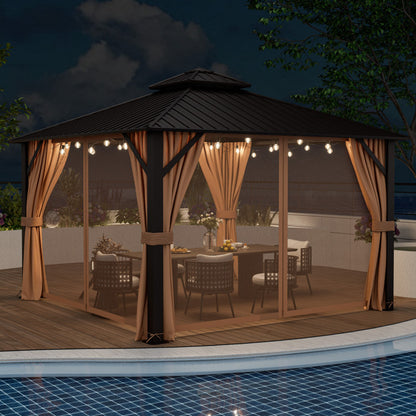 12 X 12 Feet Double-Roof Patio Hardtop Gazebo with Galvanized Steel Roof Netting and Curtains