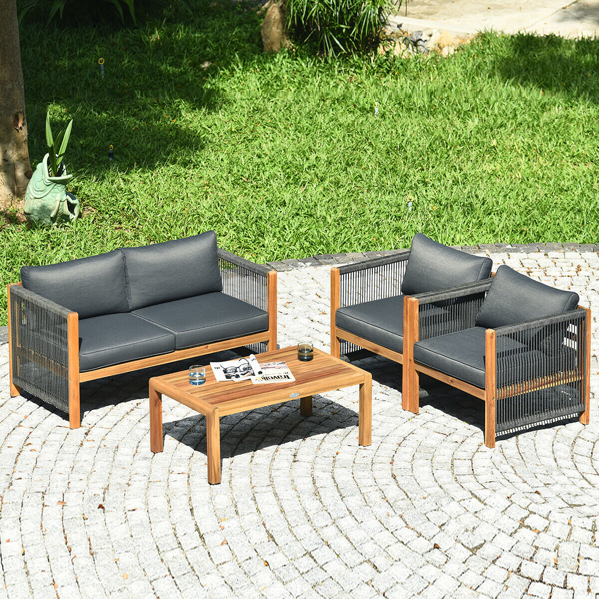 4-Piece Acacia Wood Patio Furniture Set with Cushions