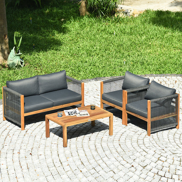 4-Piece Acacia Wood Patio Furniture Set with Cushions
