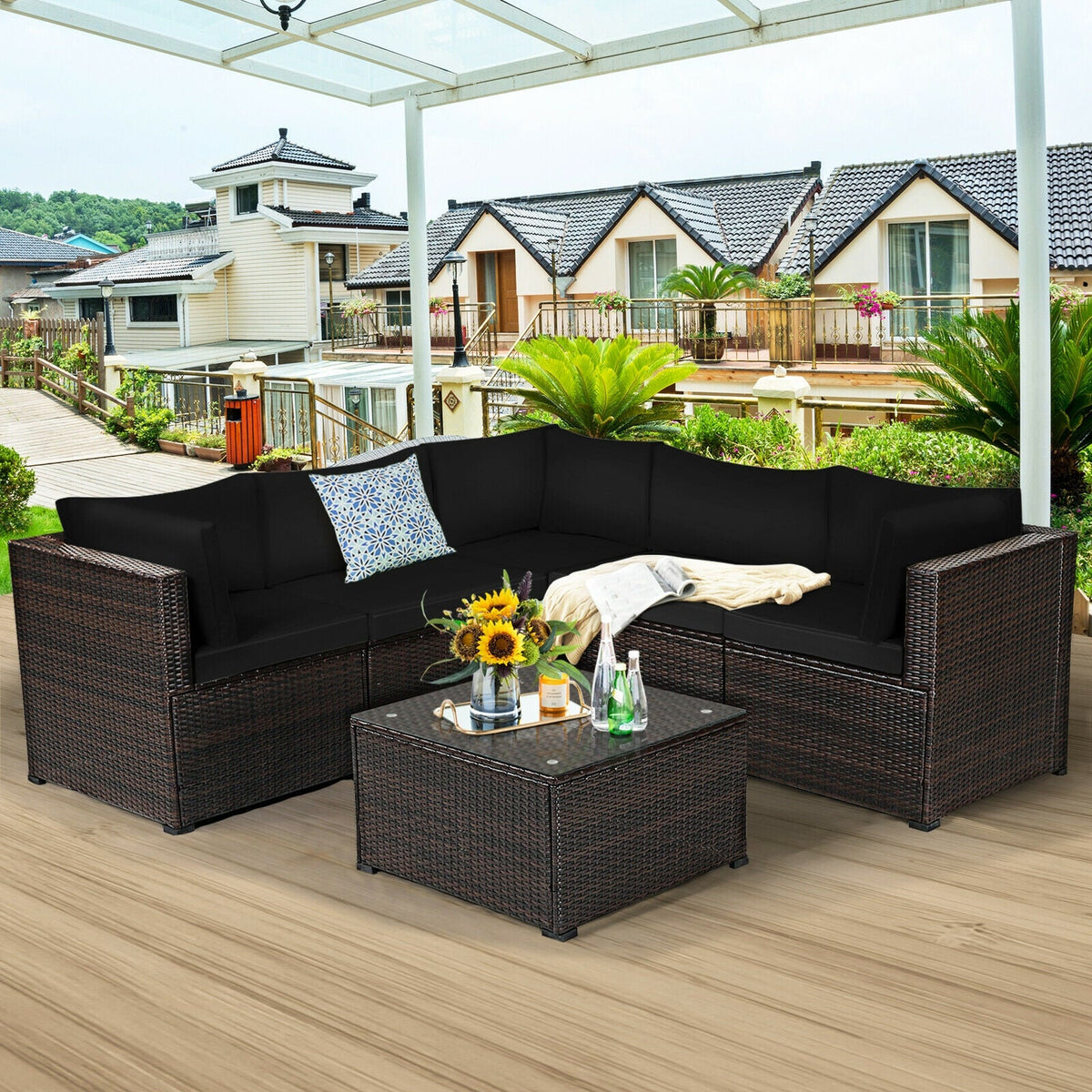 6-Piece PE Rattan Patio Sectional Sofa Set with Cushions