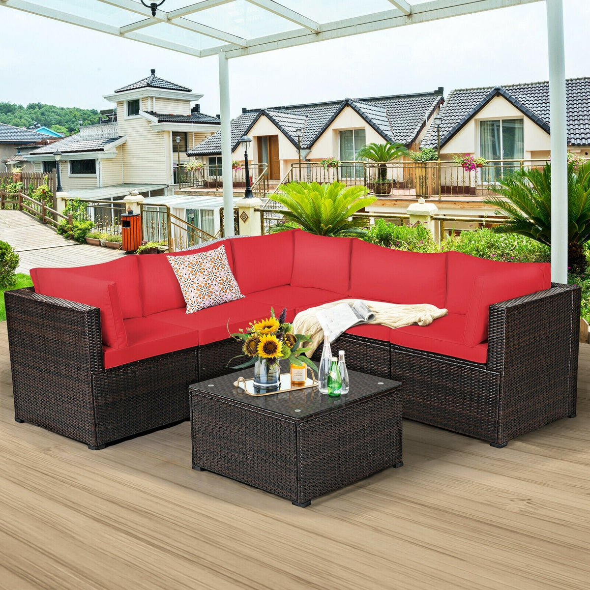 6-Piece PE Rattan Patio Sectional Sofa Set with Cushions