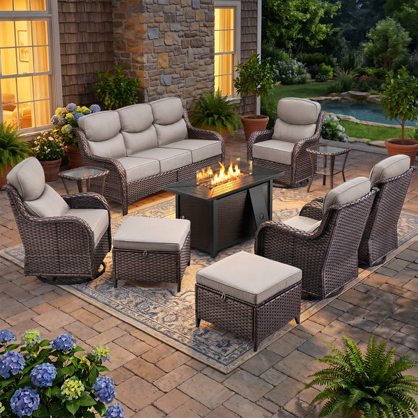 9-Piece Wicker Patio Furniture Set with Fire Pit and Swivel Chairs