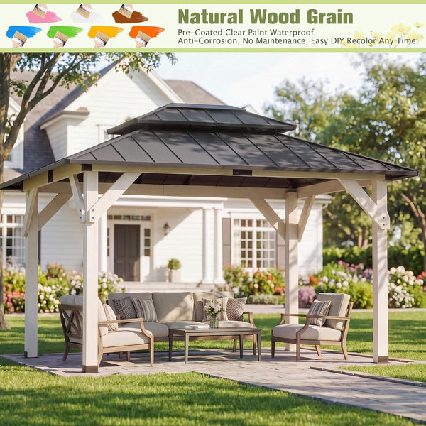 10' X 12' Wooden Gazebo,Patio Hardtop DIY Color Gazebo Wood | Permanent Pavilion with Galvanized Steel Double Metal Roof for Backyard, Deck(Windproof, Snow-Load Bearing,Rustproof)