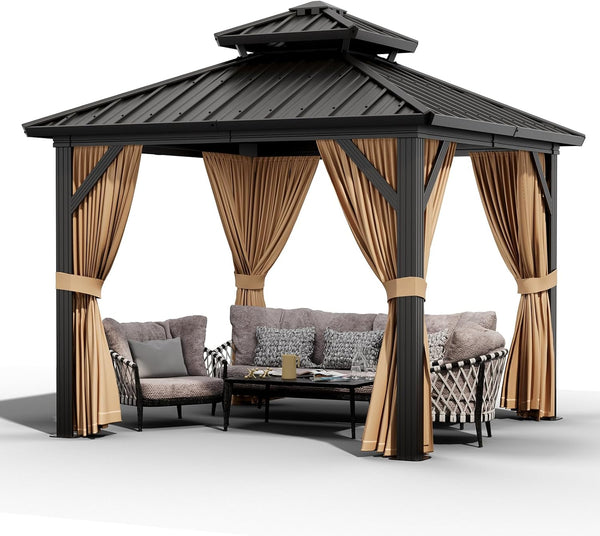 10 x 10 ft Brown Aluminum Gazebo with Galvanized Steel Double Roof