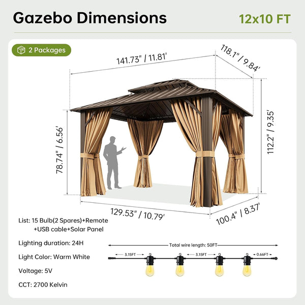 10 x 12 ft Hardtop Gazebo with Solar String Lights and Curtains