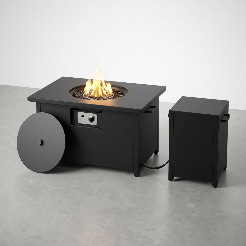 48 In, 50,000 BTU Black Coating Steel Outdoor Fire Table Propane Gas Fire Pit Table — Studio Shot