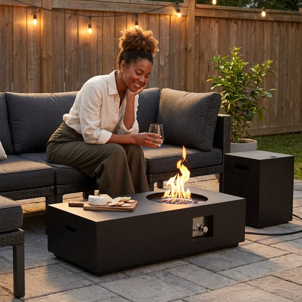 Outdoor Fire Table Built for Entertaining, 50,000 BTU Propane, 48 Inch Steel Frame, Hidden Tank Storage