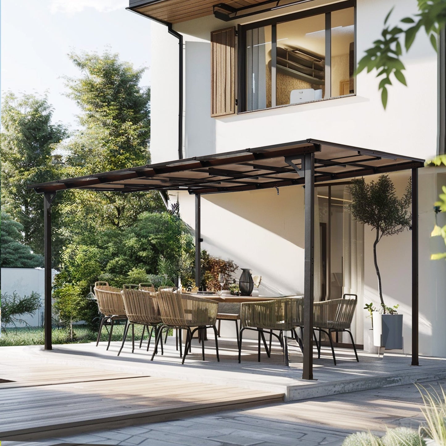 10' x 12' Wall-Mounted Metal Pergola Gazebo with Protective Roof