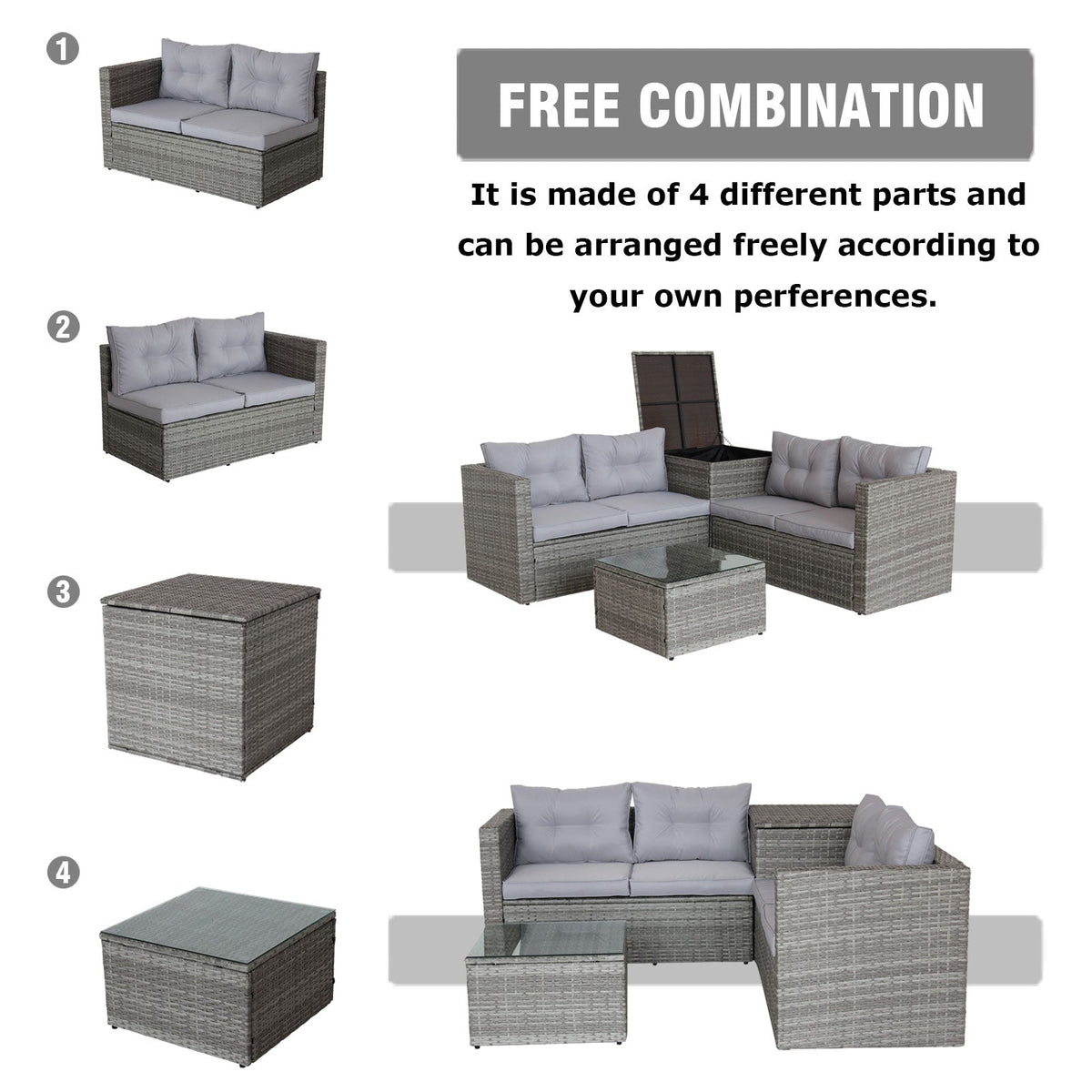 4-Piece Gray Wicker Rattan Patio Sectional Set with Storage Box