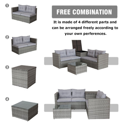 4-Piece Gray Wicker Rattan Patio Sectional Set with Storage Box