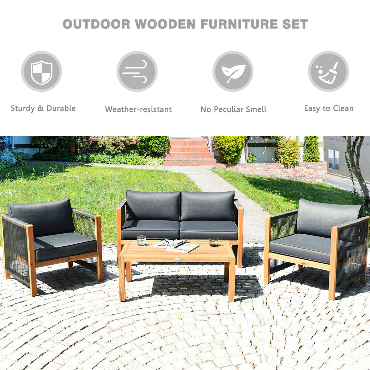 4-Piece Acacia Wood Patio Furniture Set with Cushions