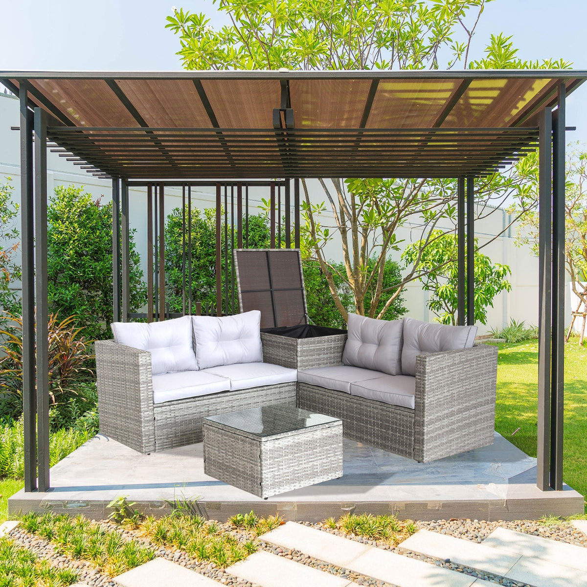 4-Piece Gray Wicker Rattan Patio Sectional Set with Storage Box