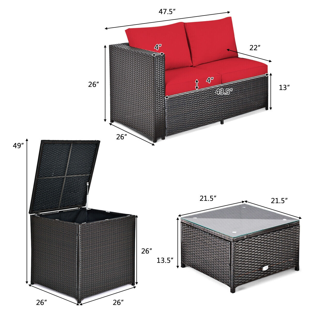 4-Piece Outdoor Rattan Patio Furniture Set with Glass Table