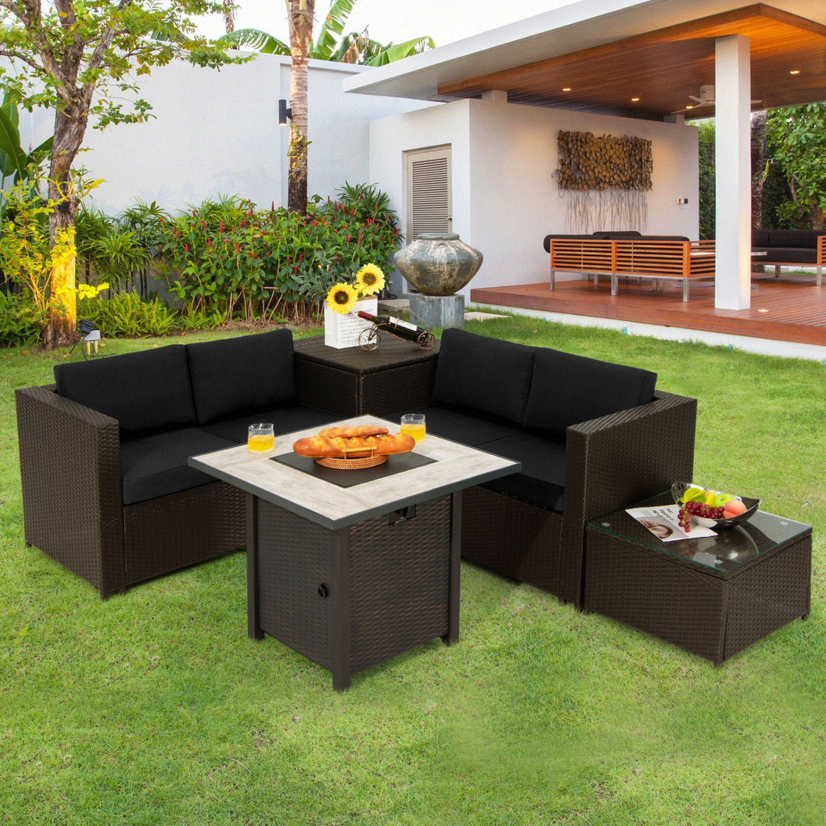 5-Piece Patio Wicker Furniture Set with 30-Inch Fire Pit