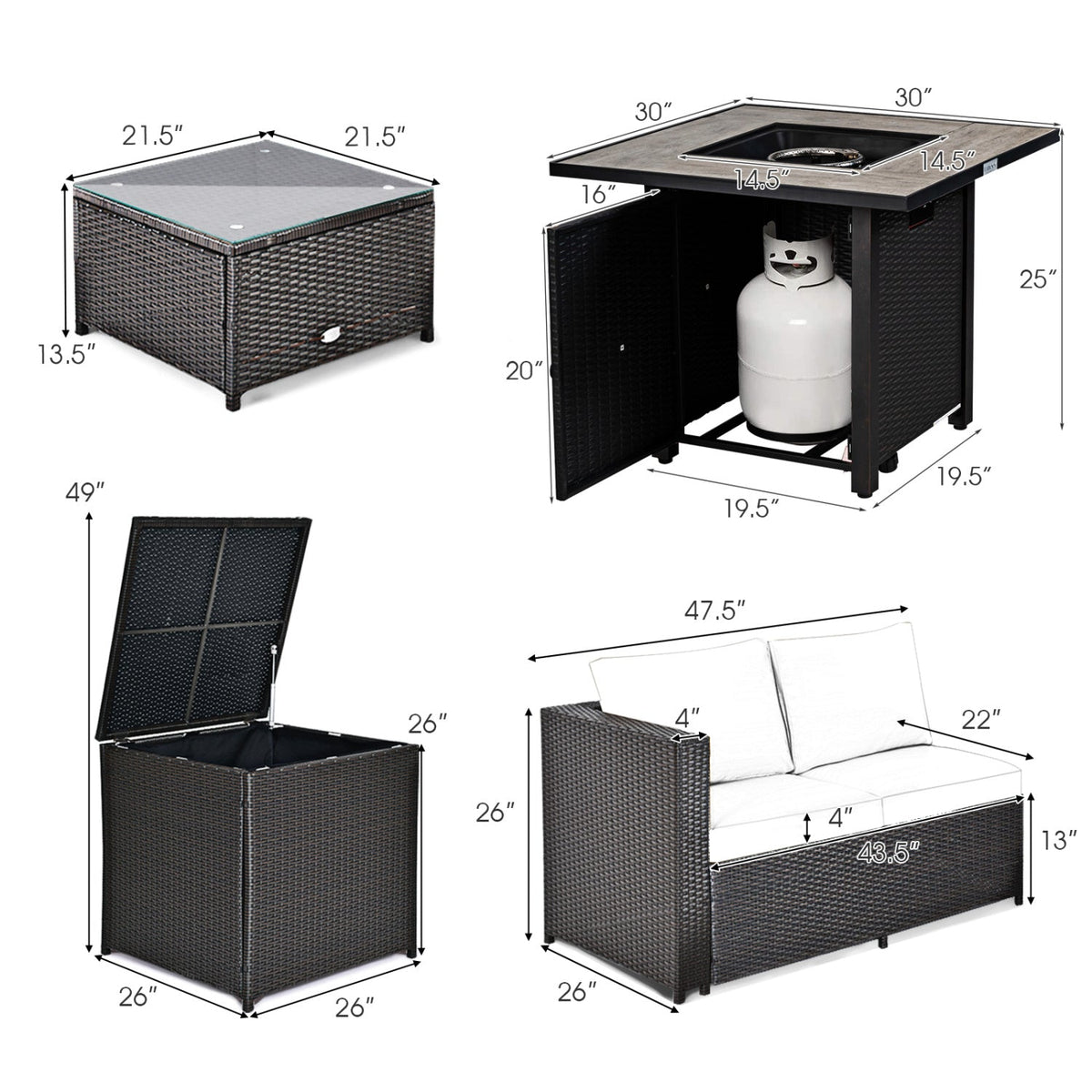 5-Piece Patio Wicker Furniture Set with 30-Inch Fire Pit