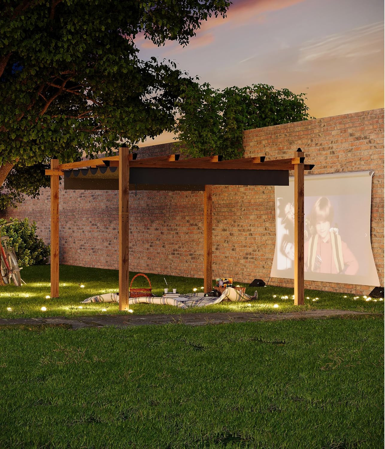 10 X 13 Ft Wood-Grain Aluminum Pergola Outdoor Pergola with Retractable Canopy Sun Shade Shelter for Garden, Patio, Backyard, Deck - Grey
