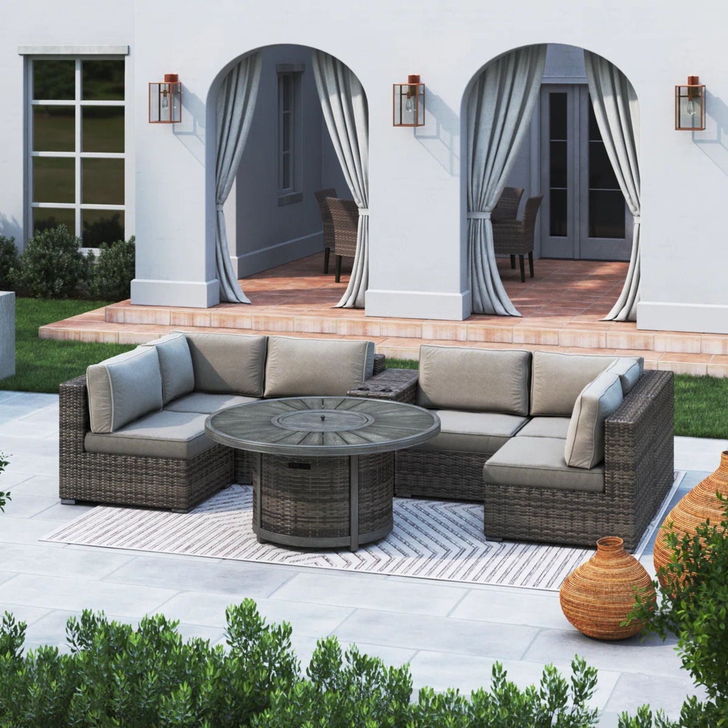 8-Piece Modular Patio Sofa Set with Fire Pit, Side Table & Weather-Resistant Cushions