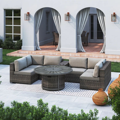 8-Piece Modular Patio Sofa Set with Fire Pit, Side Table & Weather-Resistant Cushions