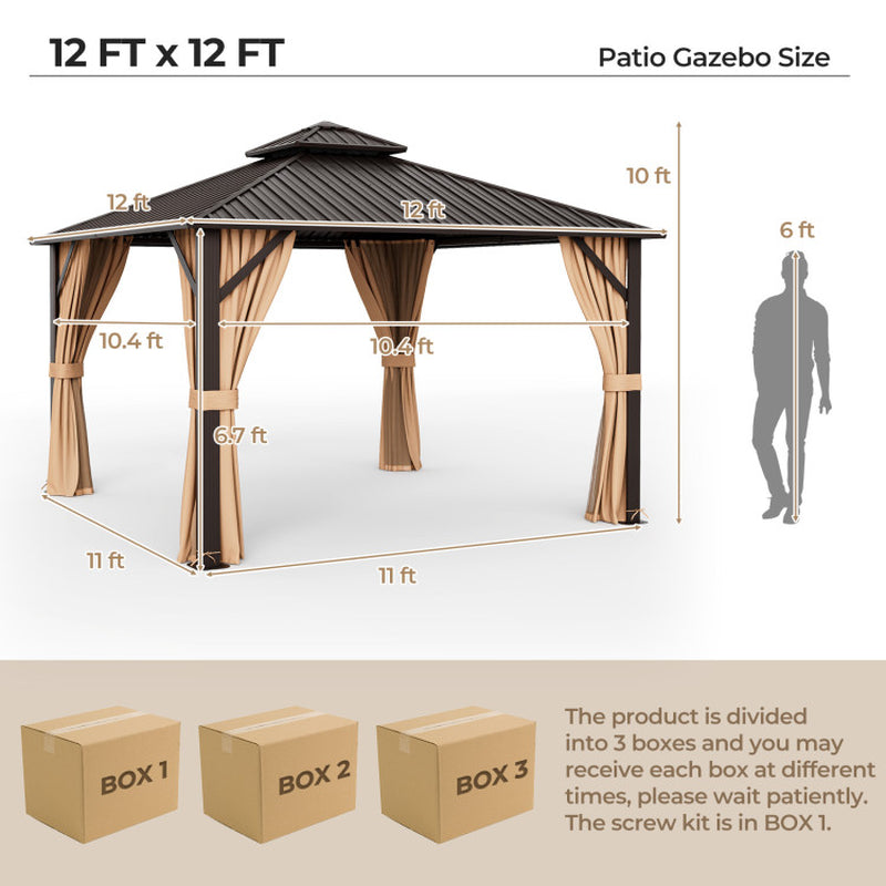 12 X 12 Feet Double-Roof Patio Hardtop Gazebo with Galvanized Steel Roof Netting and Curtains