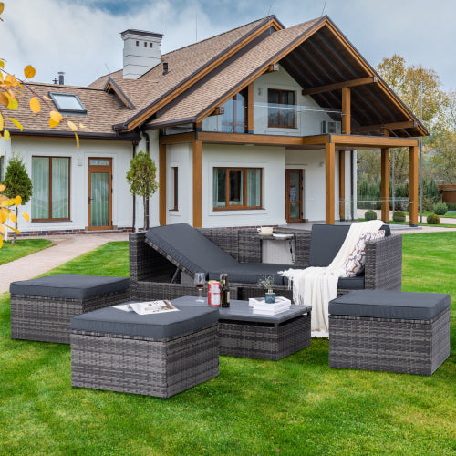 5-Piece Dark Gray PE Rattan Patio Sofa Set with Lift-Top Table
