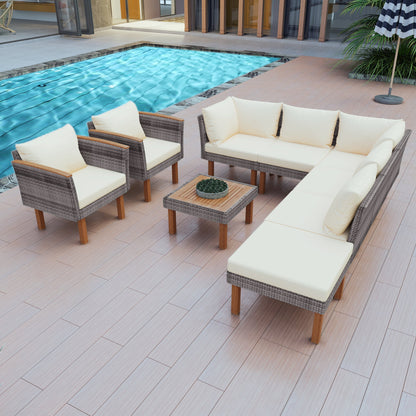 9-Piece Outdoor PE Wicker Patio Set with Acacia Wood