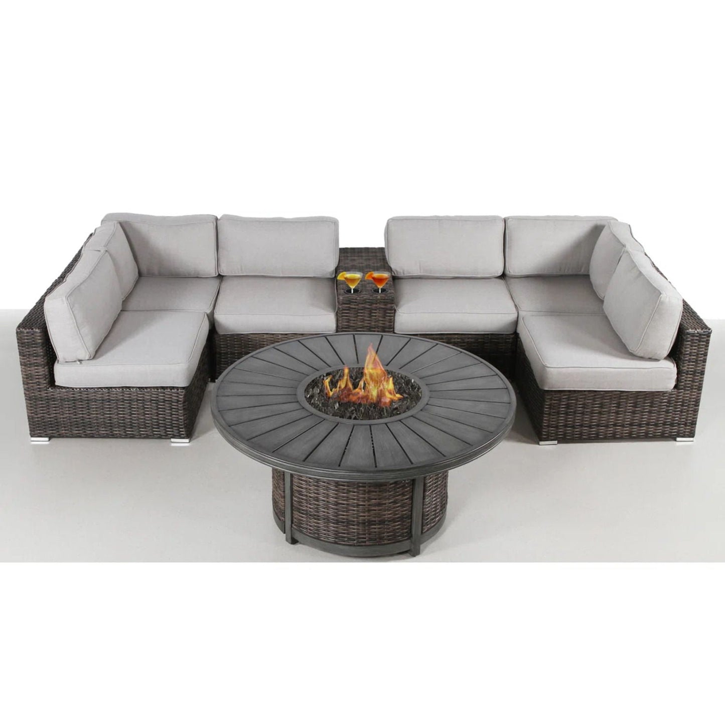 8-Piece Modular Patio Sofa Set with Fire Pit, Side Table & Weather-Resistant Cushions