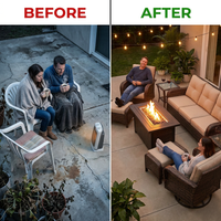 7 Piece Outdoor Patio Furniture Set, Patio Furniture Set with Fire Pit Table Rattan Wicker Patio Furniture Set, Brown Wicker & Beige Cushion — Before & After