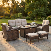 7 Piece Outdoor Patio Furniture Set, Patio Furniture Set with Fire Pit Table Rattan Wicker Patio Furniture Set, Brown Wicker & Beige Cushion — Studio Shot