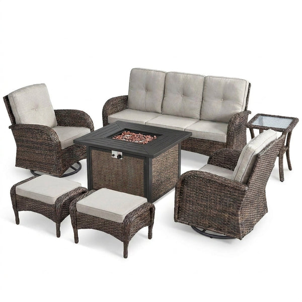 7 Piece Outdoor Patio Furniture Set, Patio Furniture Set with Fire Pit Table Rattan Wicker Patio Furniture Set, Brown Wicker & Beige Cushion — Studio Shot