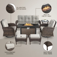 7 Piece Outdoor Patio Furniture Set, Patio Furniture Set with Fire Pit Table Rattan Wicker Patio Furniture Set, Brown Wicker & Beige Cushion — infographic