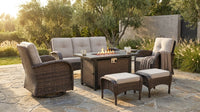 7 Piece Outdoor Patio Furniture Set, Patio Furniture Set with Fire Pit Table Rattan Wicker Patio Furniture Set, Brown Wicker & Beige Cushion — Lifestyle