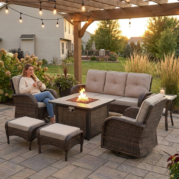 Patio Furniture Set Built for Outdoor Entertaining, 7 Piece with Fire Pit Table, Rattan Wicker, Water Resistant