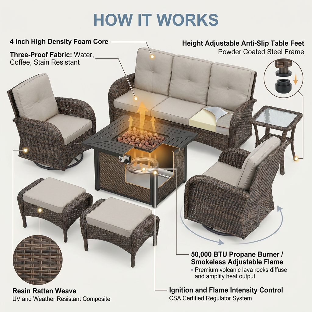 7 Piece Outdoor Patio Furniture Set, Patio Furniture Set with Fire Pit Table Rattan Wicker Patio Furniture Set, Brown Wicker & Beige Cushion — How It Works