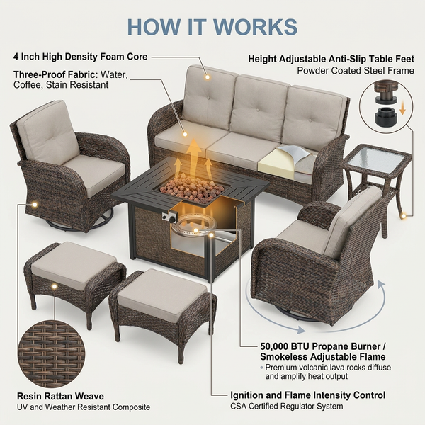 7-Piece Wicker Patio Furniture Set with Propane Fire Pit Table