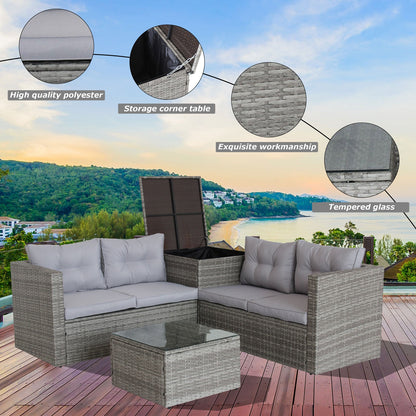 4-Piece Gray Wicker Rattan Patio Sectional Set with Storage Box
