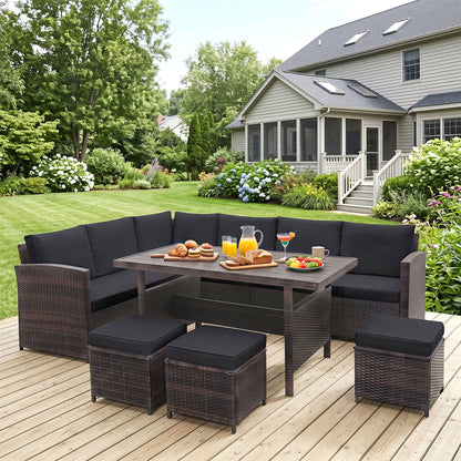 7-Piece Brown Wicker Patio Furniture Set with White Cushions