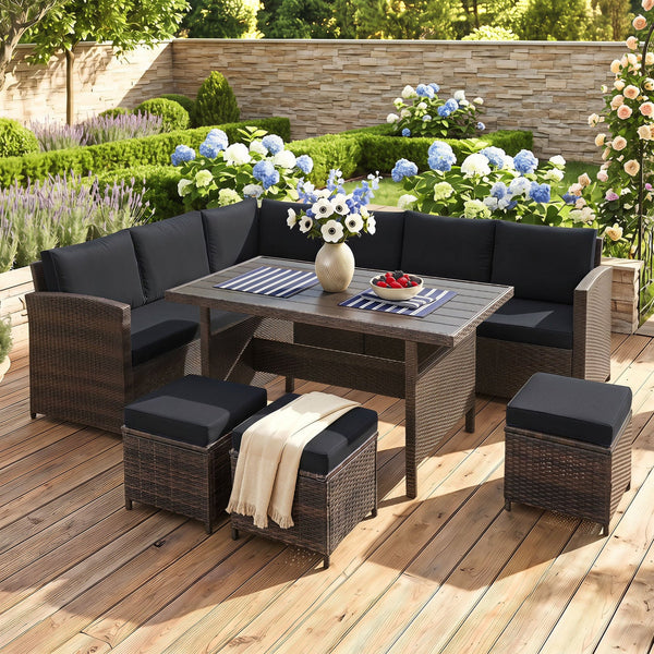 7-Piece Brown Wicker Patio Furniture Set with White Cushions