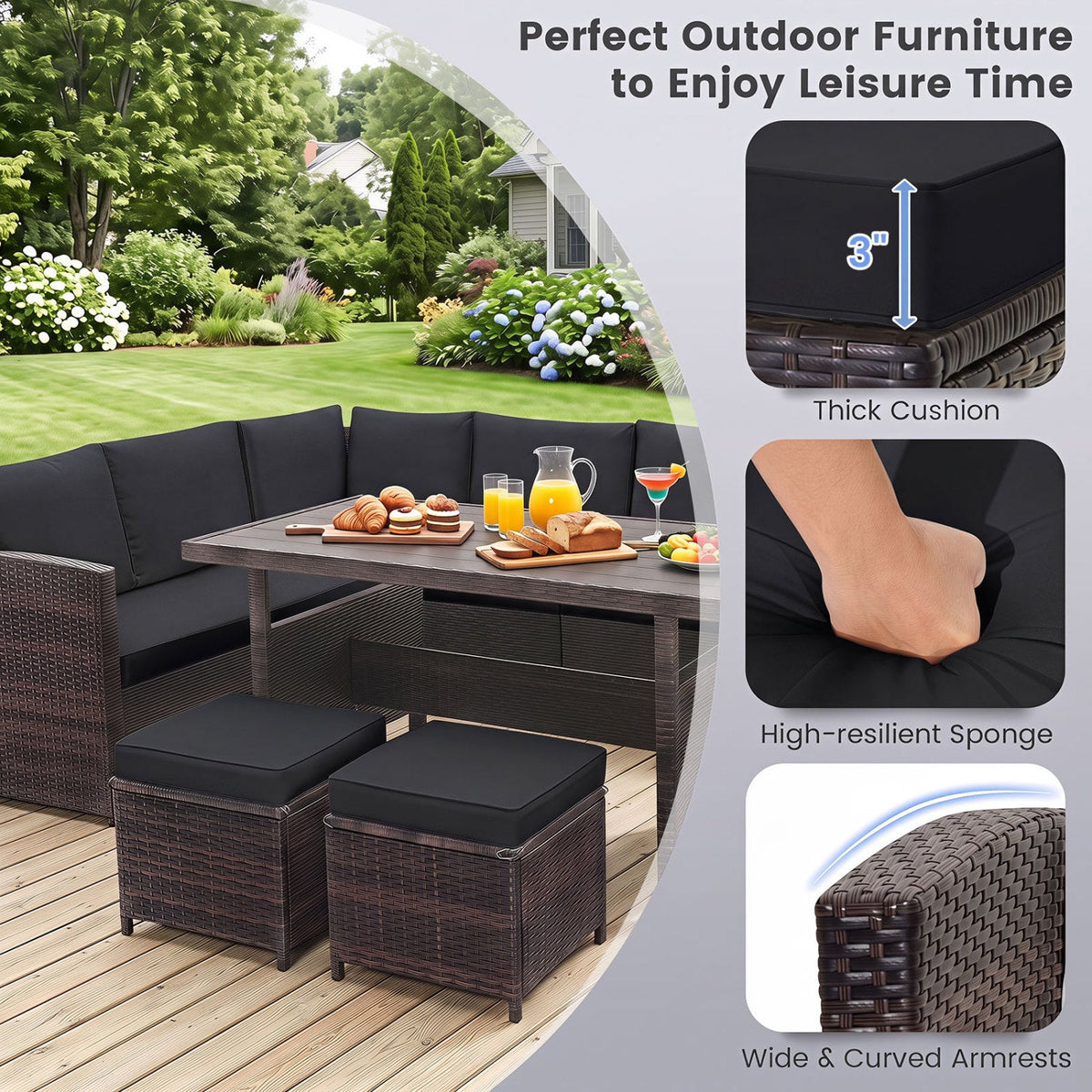 7-Piece Brown Wicker Patio Furniture Set with White Cushions