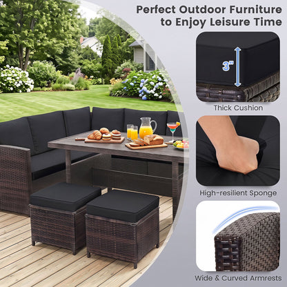 7-Piece Brown Wicker Patio Furniture Set with White Cushions