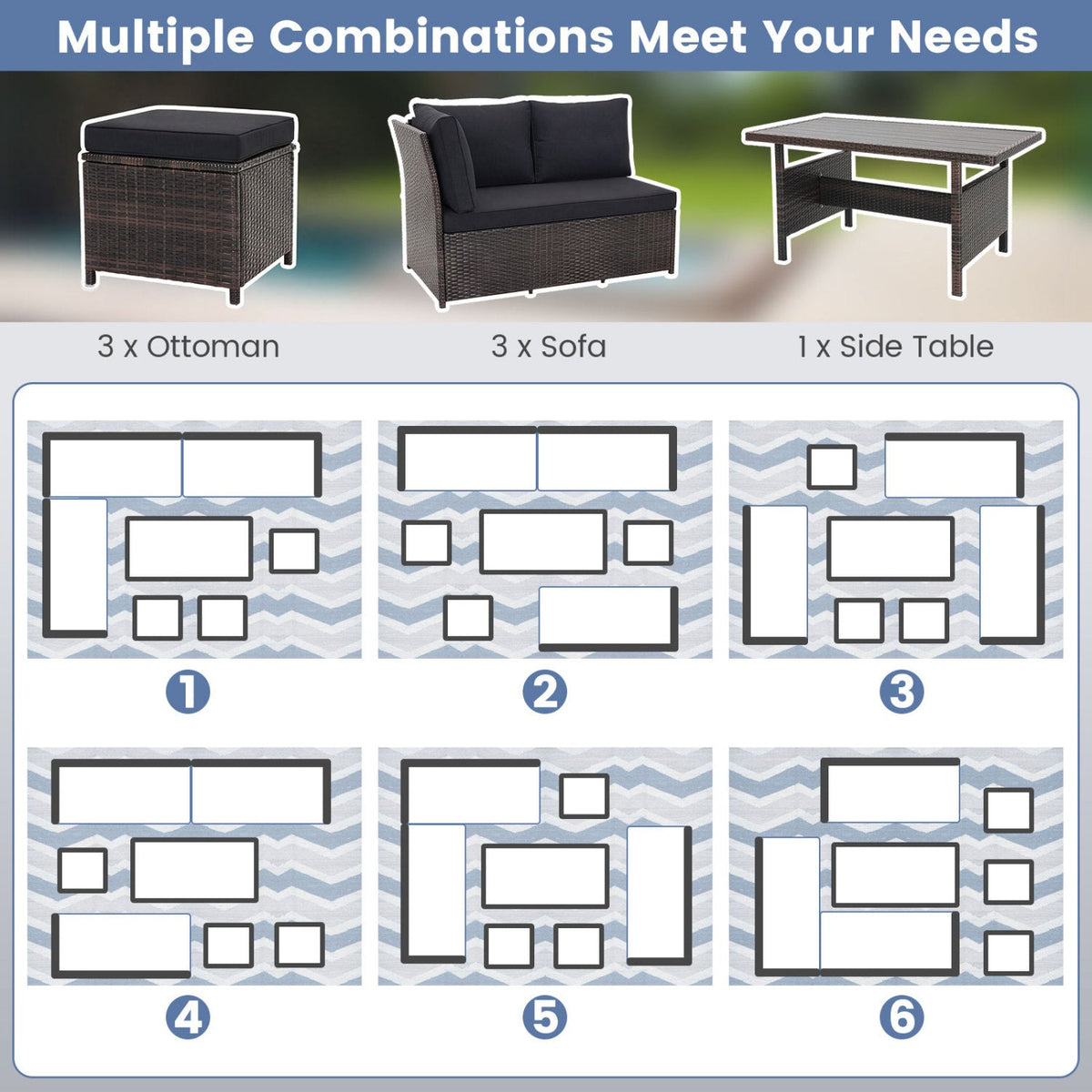 7-Piece Brown Wicker Patio Furniture Set with White Cushions