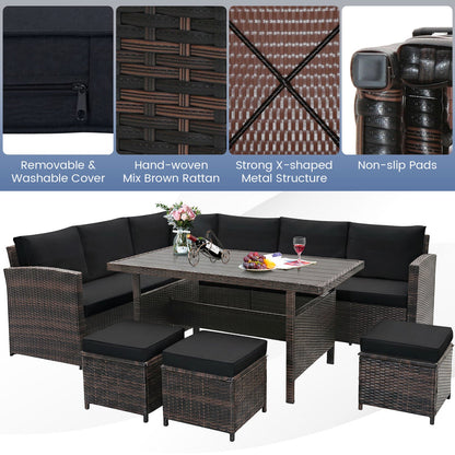 7-Piece Brown Wicker Patio Furniture Set with White Cushions
