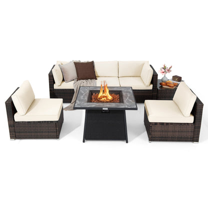 7-Piece Patio Furniture Set with 50,000 BTU Propane Fire Pit Table & Waterproof Cover