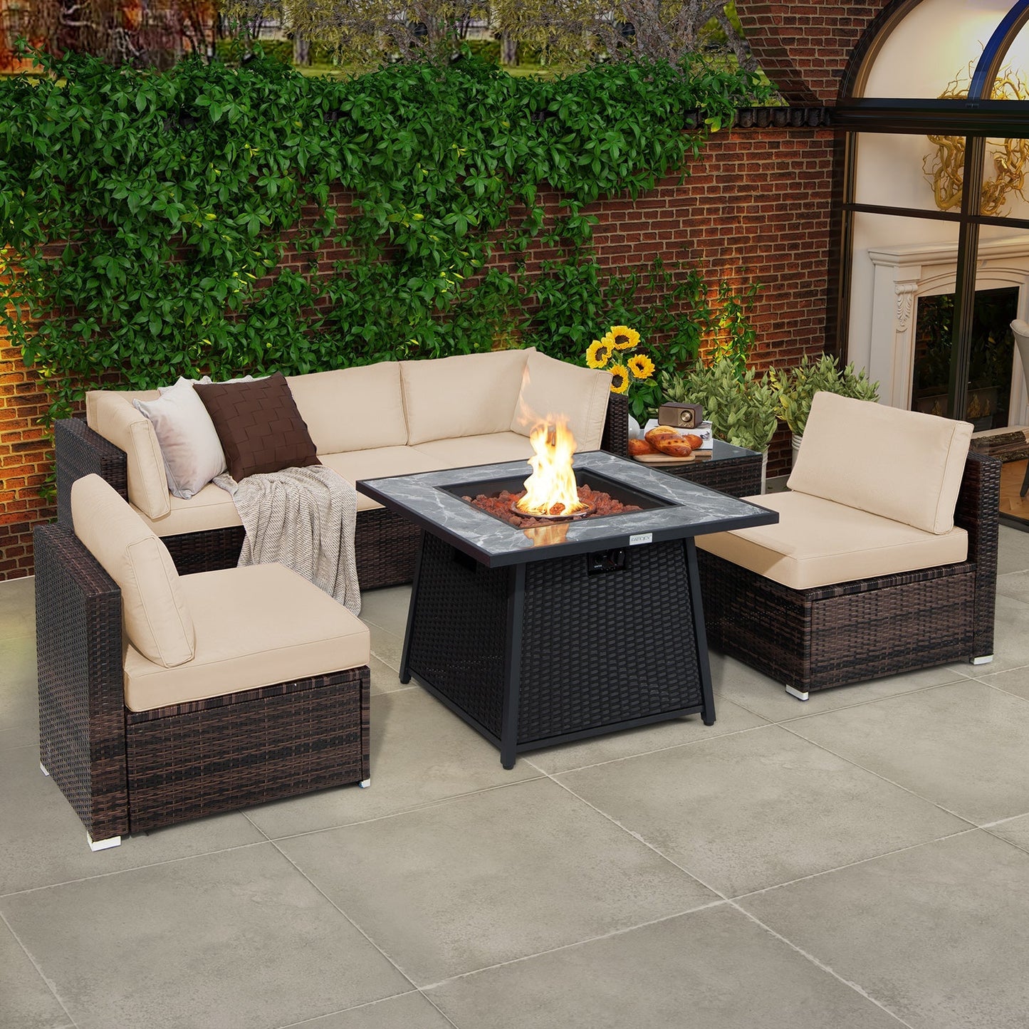 7-Piece Patio Furniture Set with 50,000 BTU Propane Fire Pit Table & Waterproof Cover