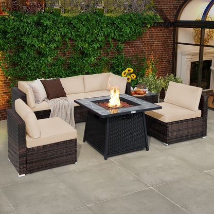 7-Piece Patio Furniture Set with 50,000 BTU Propane Fire Pit Table & Waterproof Cover