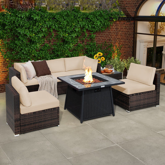 7-Piece Patio Furniture Set with 50,000 BTU Propane Fire Pit Table & Waterproof Cover