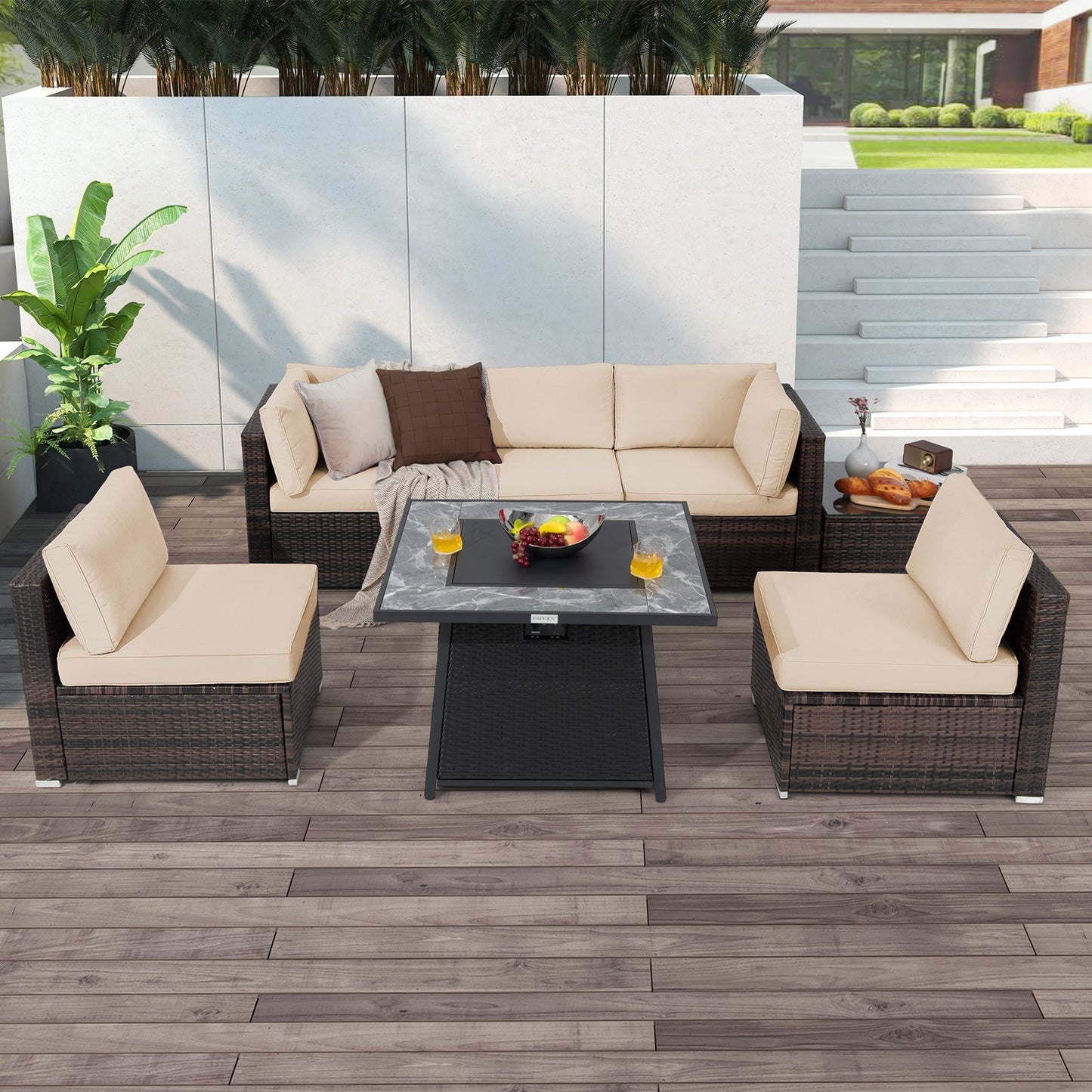 7-Piece Patio Furniture Set with 50,000 BTU Propane Fire Pit Table & Waterproof Cover