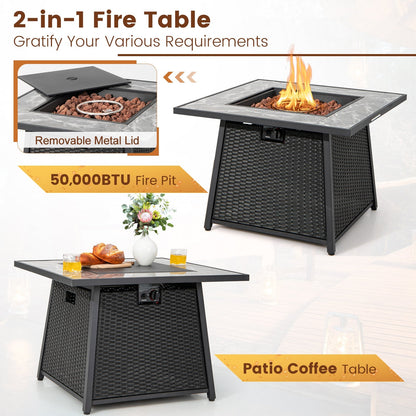 7-Piece Patio Furniture Set with 50,000 BTU Propane Fire Pit Table & Waterproof Cover