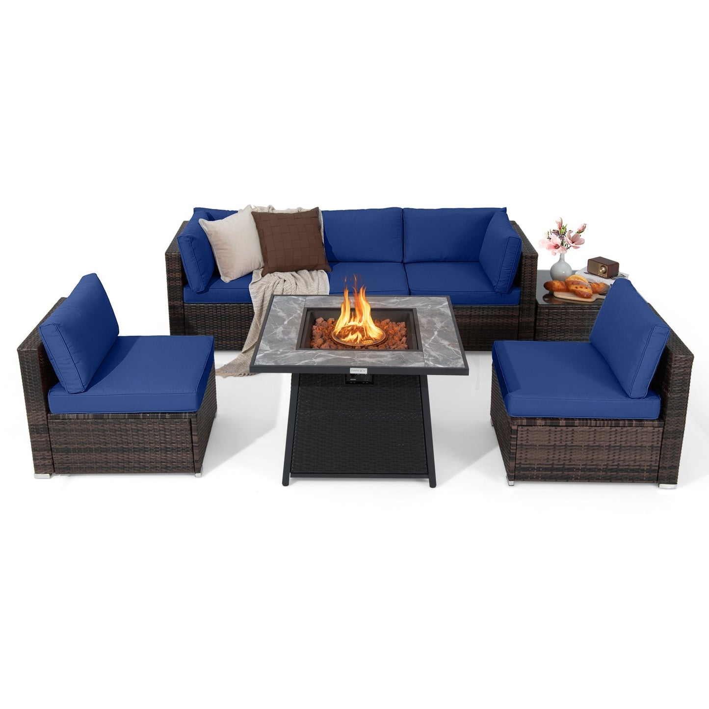 7-Piece Patio Furniture Set with 50,000 BTU Propane Fire Pit Table & Waterproof Cover