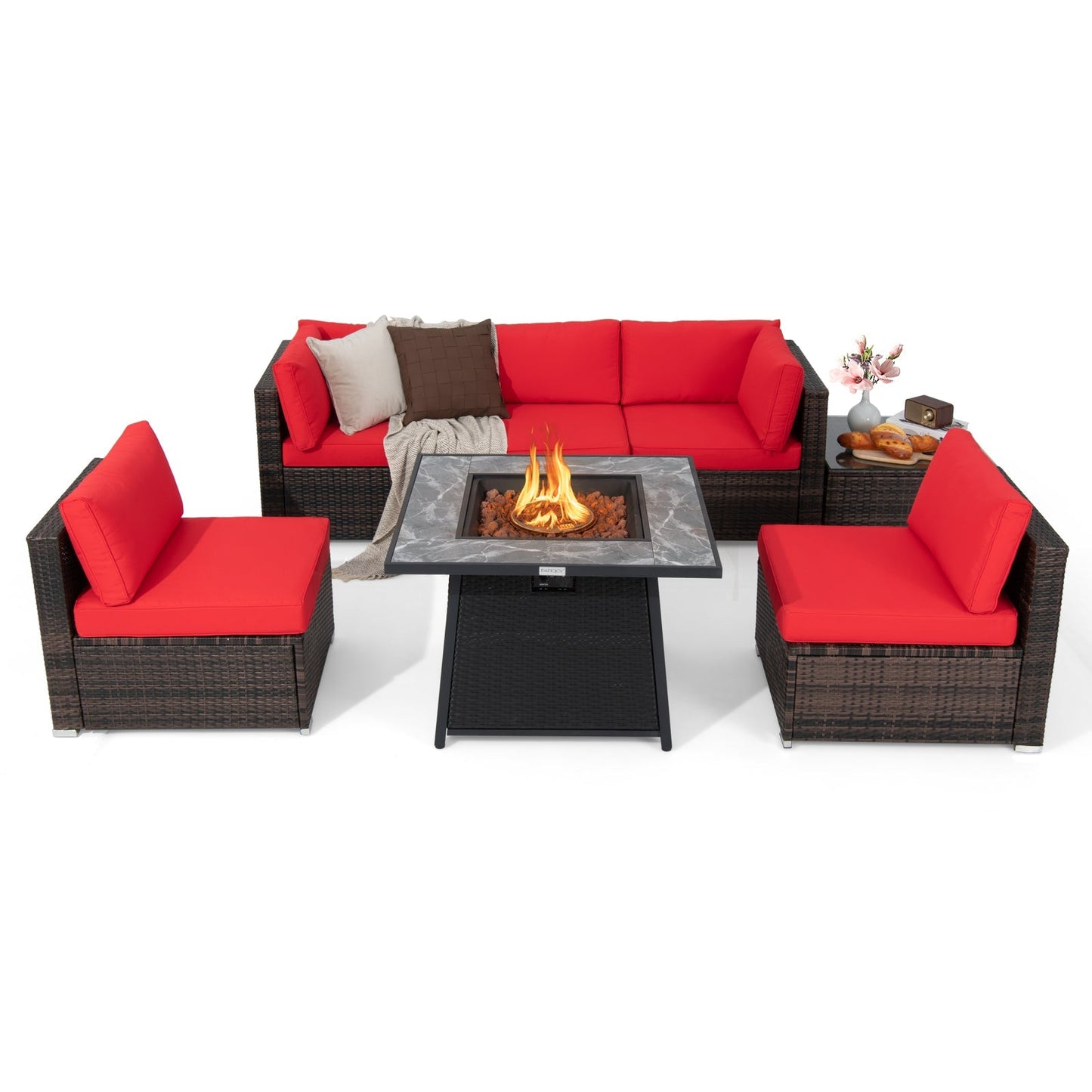 7-Piece Patio Furniture Set with 50,000 BTU Propane Fire Pit Table & Waterproof Cover